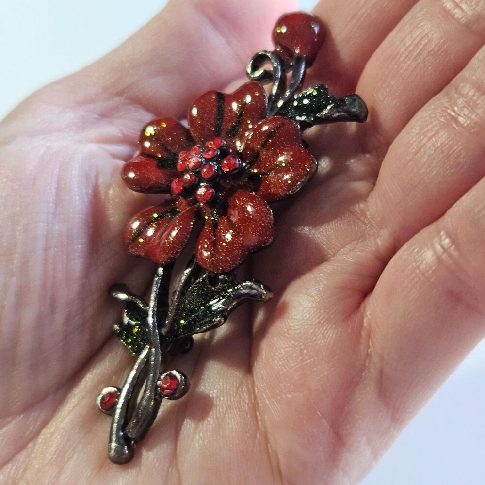 Dark Silver Tone Shimmery Red Enamel Flower Brooch Red Rhinestone Accents
